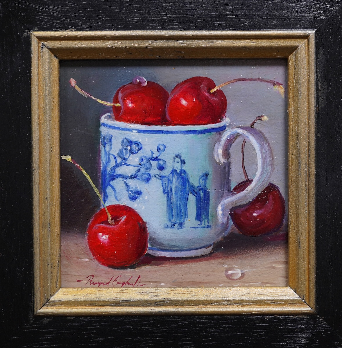 Raymond Campbell, (b. 1956), ‘Blue and white porcelain cup with cherries’